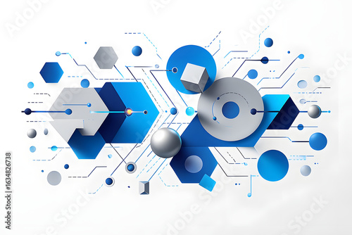 Abstract Geometric Network: Blue and Silver Hexagons, Spheres, and Circuit Lines; Modern Tech Background
