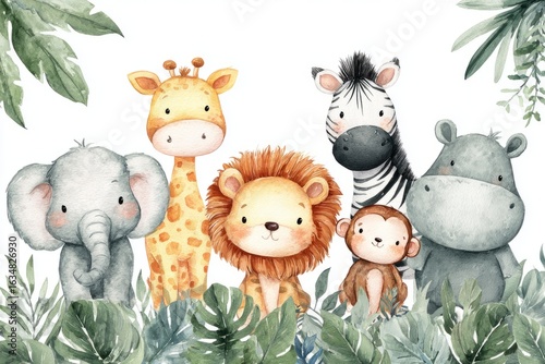 Cute watercolor illustration of smiling baby safari animals including elephant, lion, zebra, giraffe and hippo arranged together with green tropical leaves