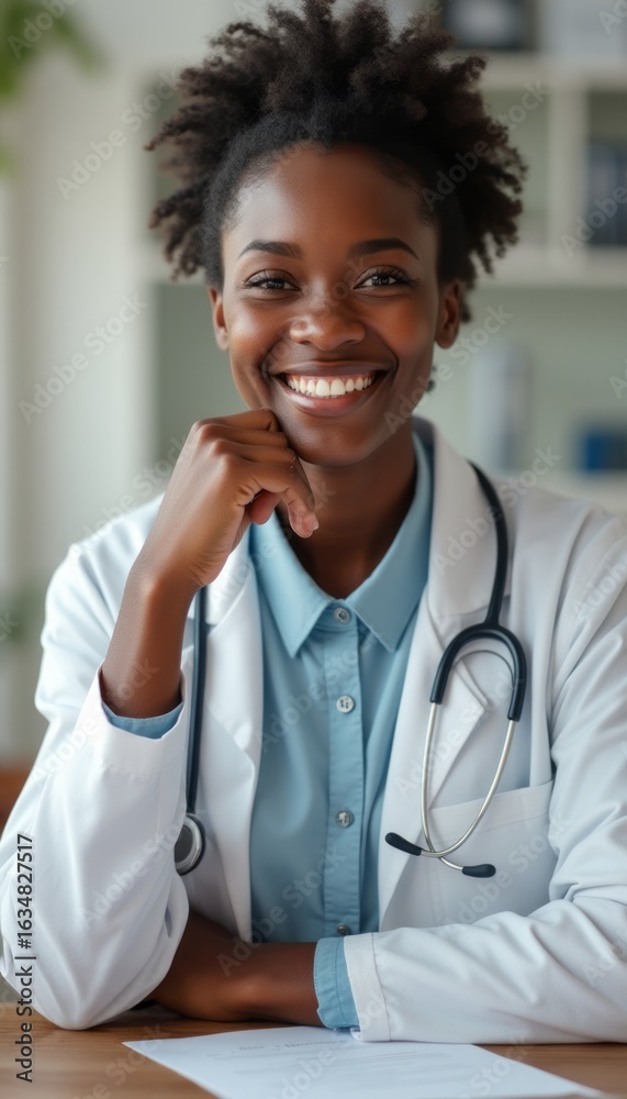 Confident female doctor smiling warmly in a professional setting Confident female doctor smiling warmly in a professional setting