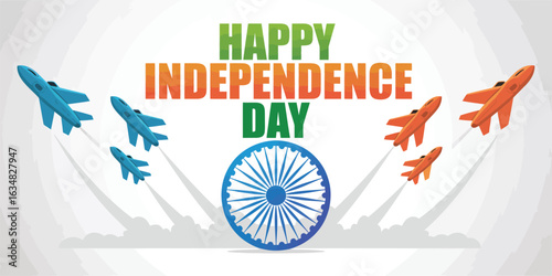 India Independence Day artwork with Ashoka Chakra, fighter jets, and tricolor typography honoring 15th August patriotic celebration