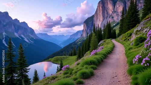 Mountain Trail, Valley and Wildflowers.