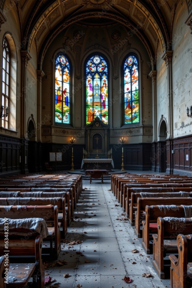 Fototapeta premium Interior of a Church with Shattered Stained Glass Windows