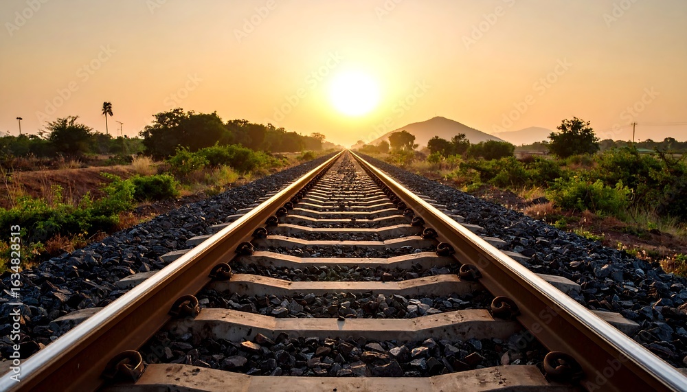 Fototapeta premium Sunset over a long, straight railway track receding into the distance