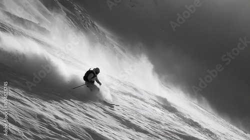 Skier descending snowy mountain slope extreme sports action dynamic winter black and white photo