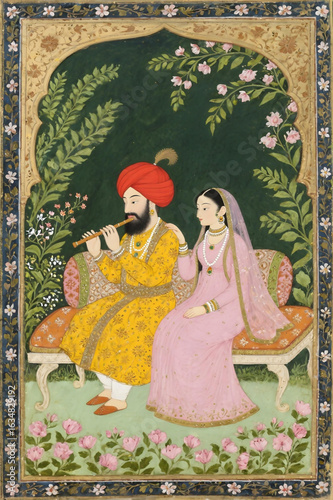 Mughal Dynasty Portrait Mural Wallpaper – Indian Art Emperor & Queen Miniature Painting Vector Illustration Wall Art
