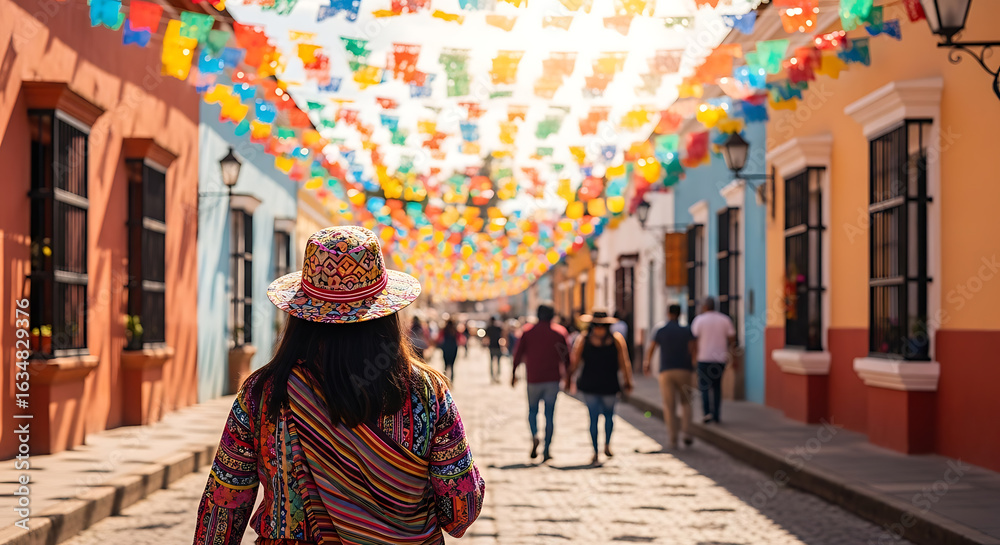 Fototapeta premium Exploring vibrant streets adorned with colorful decorations in a charming town atmosphere