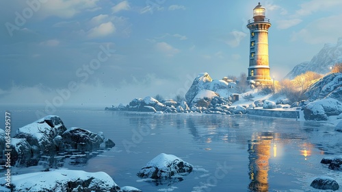 Majestic lighthouse standing tall amidst a serene winter landscape by the sea coast