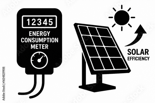 Energy Consumption Meter and Solar Efficiency Silhouettes Vector Set