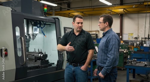 Engineers discussing CNC machine operations in a daylight manufacturing facility