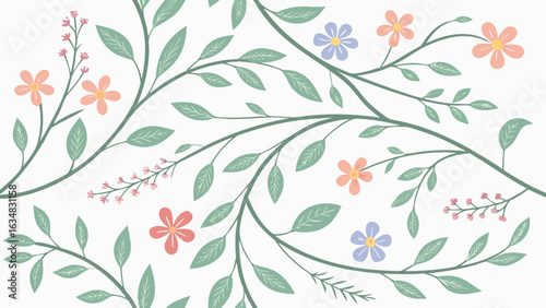 Floral seamless pattern with pastel colored flowers and leaves on a white background for textile designs.