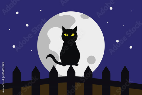 silhouette of black cat sitting on a fence  with f