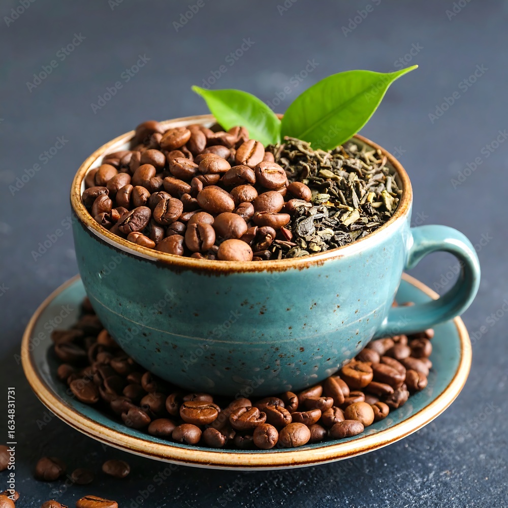 Fototapeta premium Teal cup filled with coffee beans and green tea leaves rests on a saucer of coffee beans