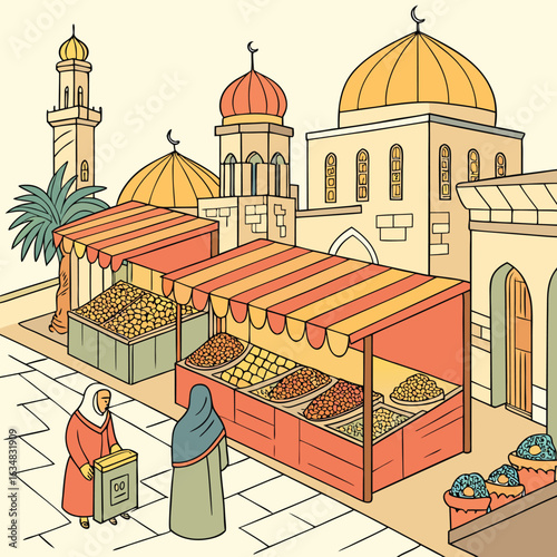 Vintage Shop Window Illustration with Building and Street Scene