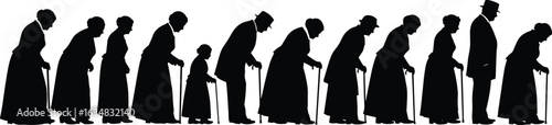 Elderly Progression Silhouette: A Visual Journey Through Aging, Representing Life Stages, Senior Years, and the Passage of Time with Dignity and Resilience, stock photo.