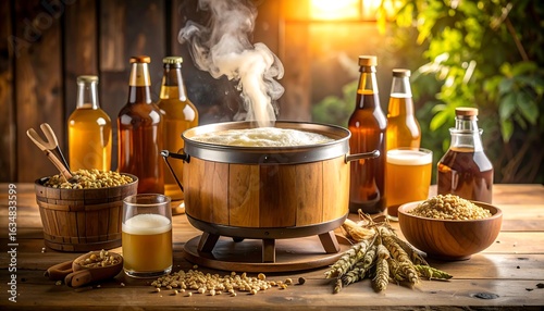 Rustic wooden table displays beer brewing process; steaming brew kettle surrounded by bottles, grains, and hops