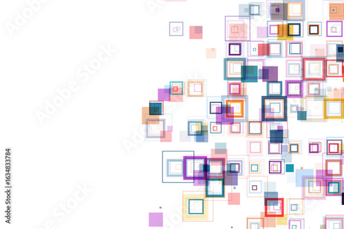 Vibrant multicolor squares layered in abstract pattern at the bottom of white background, perfect for creative design, tech art, or dynamic digital layout.