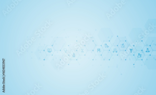 Light blue background with hexagonal medical network and healthcare icons, representing modern technology, diagnostics, and clinical innovation.