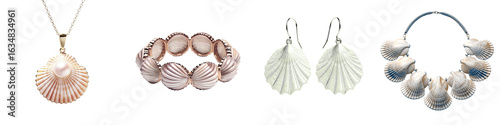 Set of seashell jewelry including necklace, bracelet, earrings and pendant on transparent background