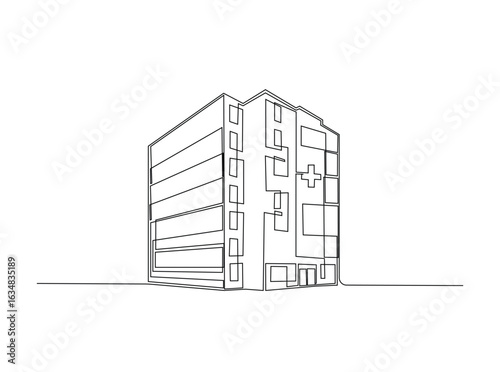Hospital building in single outline illustration. Continuous line art drawing of Hospital building.