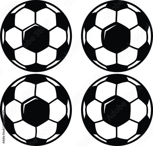 Silhouette Vector Set of Four Soccer Balls with Classic Hexagonal and Modern Panel Designs on White Background