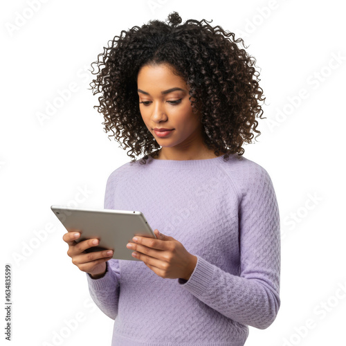 Wallpaper Mural Focused young woman with curly hair wearing a lavender sweater holding and reading a tablet device isolated on transparent background Torontodigital.ca
