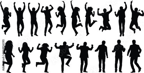 Jumping people silhouette vector set, business and casual poses, happy jumping man and woman figures, black human celebration illustrations