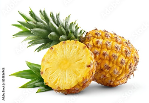 A halved and whole mini pineapple with vibrant yellow flesh and green spiky leaves, isolated on a white background, showcasing its juicy texture and sweet appeal