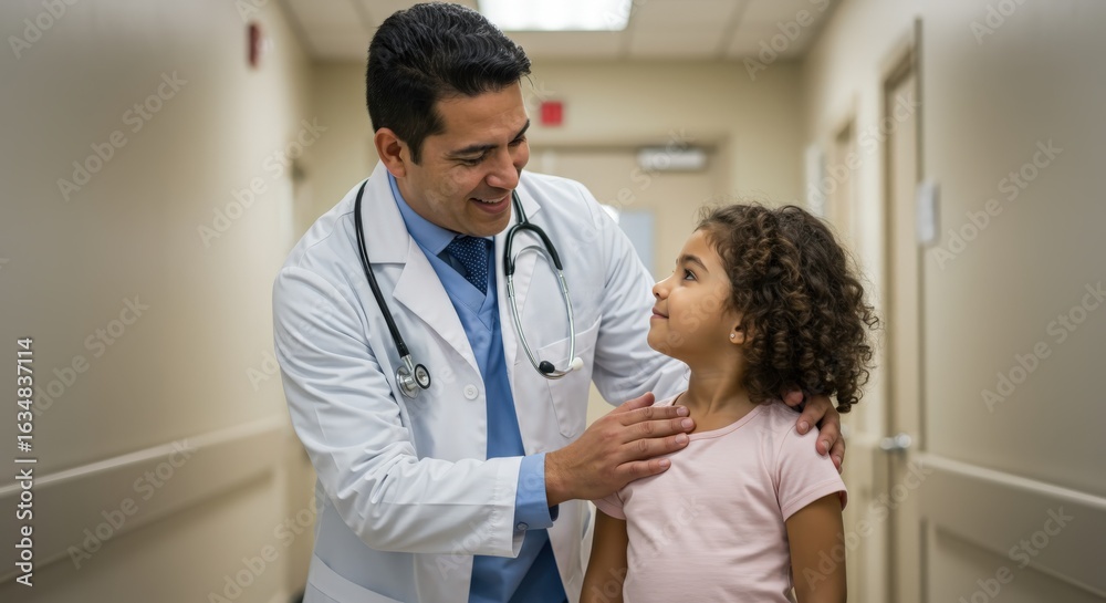 Fototapeta premium Doctor interacts warmly with young patient in hospital hallway during check-up