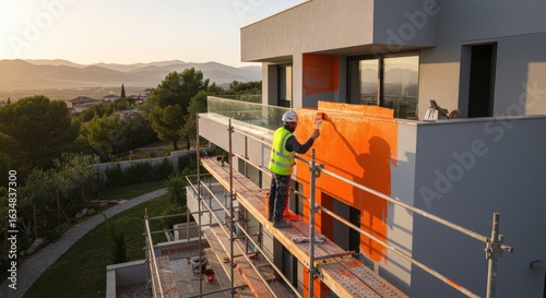 Worker painting a modern building facade during sunset in an outdoor setting
