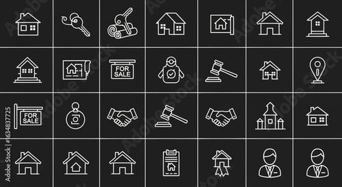 Real estate and law icon set. Includes 20 icons of house, property, law, gavel, money, handshake, and more. Created in line style with gray and black palette.