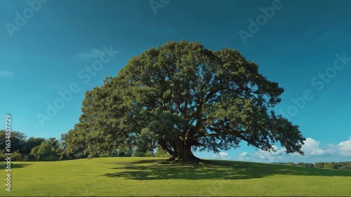 Large oak tree standing alone on green meadow under blue sky  