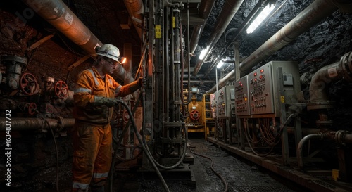 Worker operating machinery in underground mining facility during evening hours