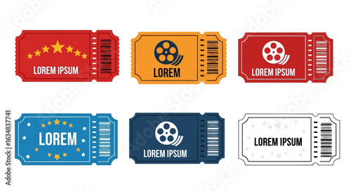 Cinema ticket icon set. Includes movie, film, and theater tickets. Created in colorful style with white background