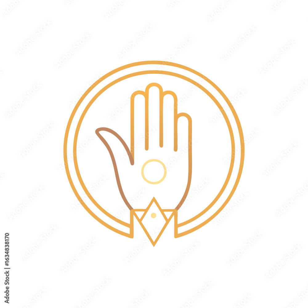 Fototapeta premium Golden hand symbol in a circle with a gemstone