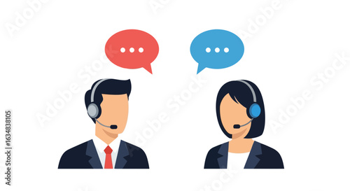 Customer service operators communicating with headsets isolated on white background
