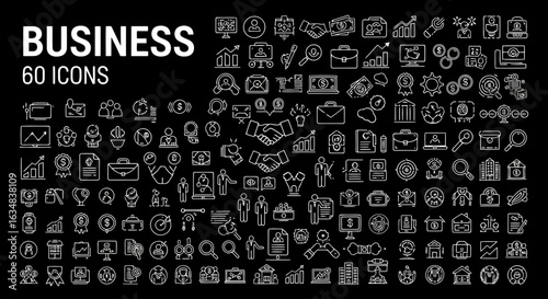 Business icon collection. Includes 60 icons. Created in line style with gray palette