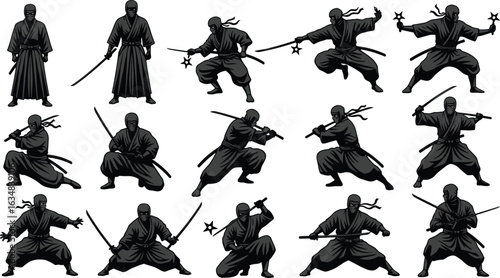 Set of ninja warrior poses with swords and shurikens, martial arts illustration, stealth fighters, Japanese combat, samurai-inspired design