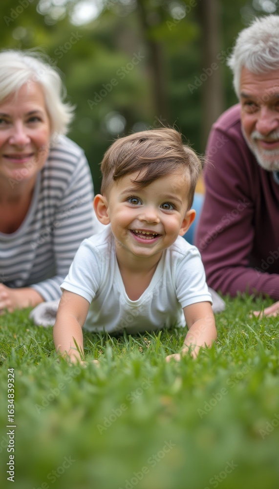 Fototapeta premium Adorable toddler smiling with grandparents in a lush green park
