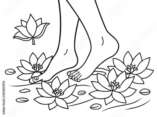 Elegant Line Art Bare Feet Amidst Lotus Flowers a Serene and Peaceful Composition black