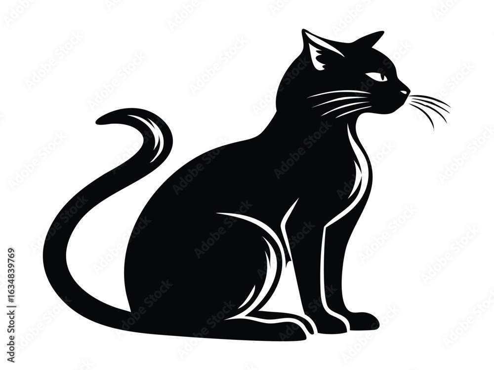 Fototapeta premium Sitting Cat Silhouette Facing Right with Curled Tail