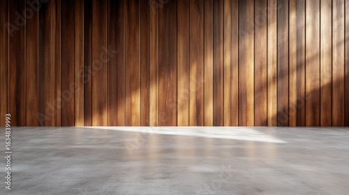 Wood slat wall and concrete floor interior background with sunlight