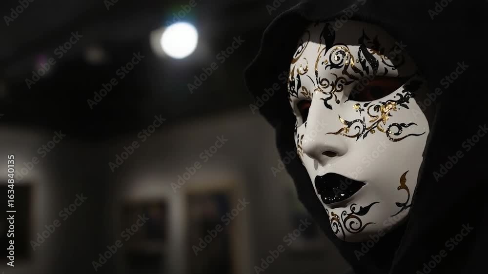 Hooded Figure with Ornate Mask in Dark Gallery, Mysterious Art Installation Video Hooded Figure with Ornate Mask in Dark Gallery, Mysterious Art Installation Video