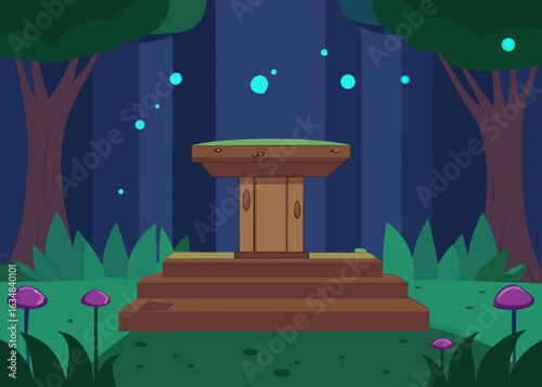Wooden Podium in Fantasy Forest with Glowing Mushrooms
