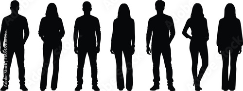 Silhouette of casual people, standing man and woman figures, black outline group, full body vector, crowd illustration for presentation use