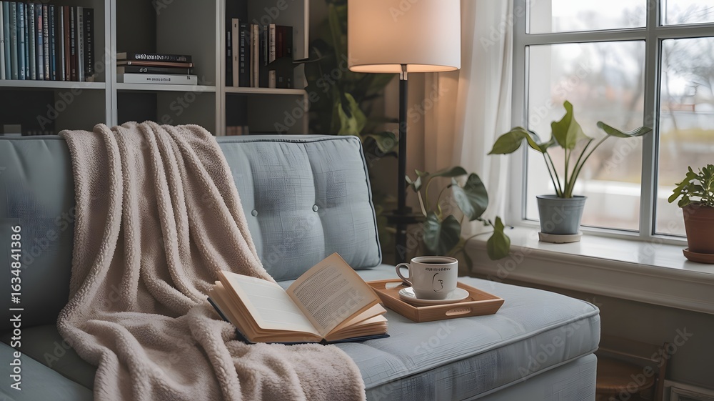 custom made wallpaper toronto digitalCozy reading nook with a light blue sofa warm blanket open book and a cup of coffee by the window