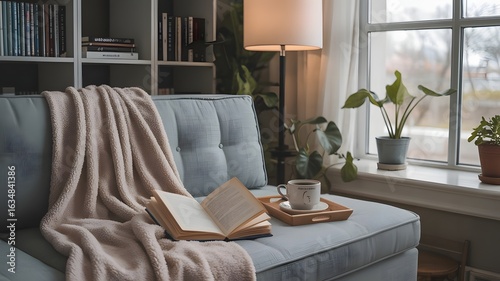 Wallpaper Mural Cozy reading nook with a light blue sofa warm blanket open book and a cup of coffee by the window Torontodigital.ca