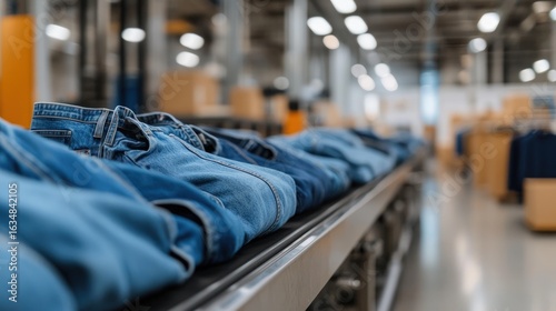 Denim jeans on production line in clothing manufacturing facility
