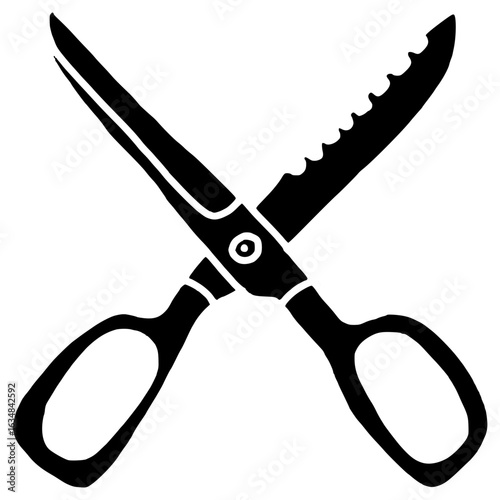 scissors with serrated blades hand drawn glyph illustration