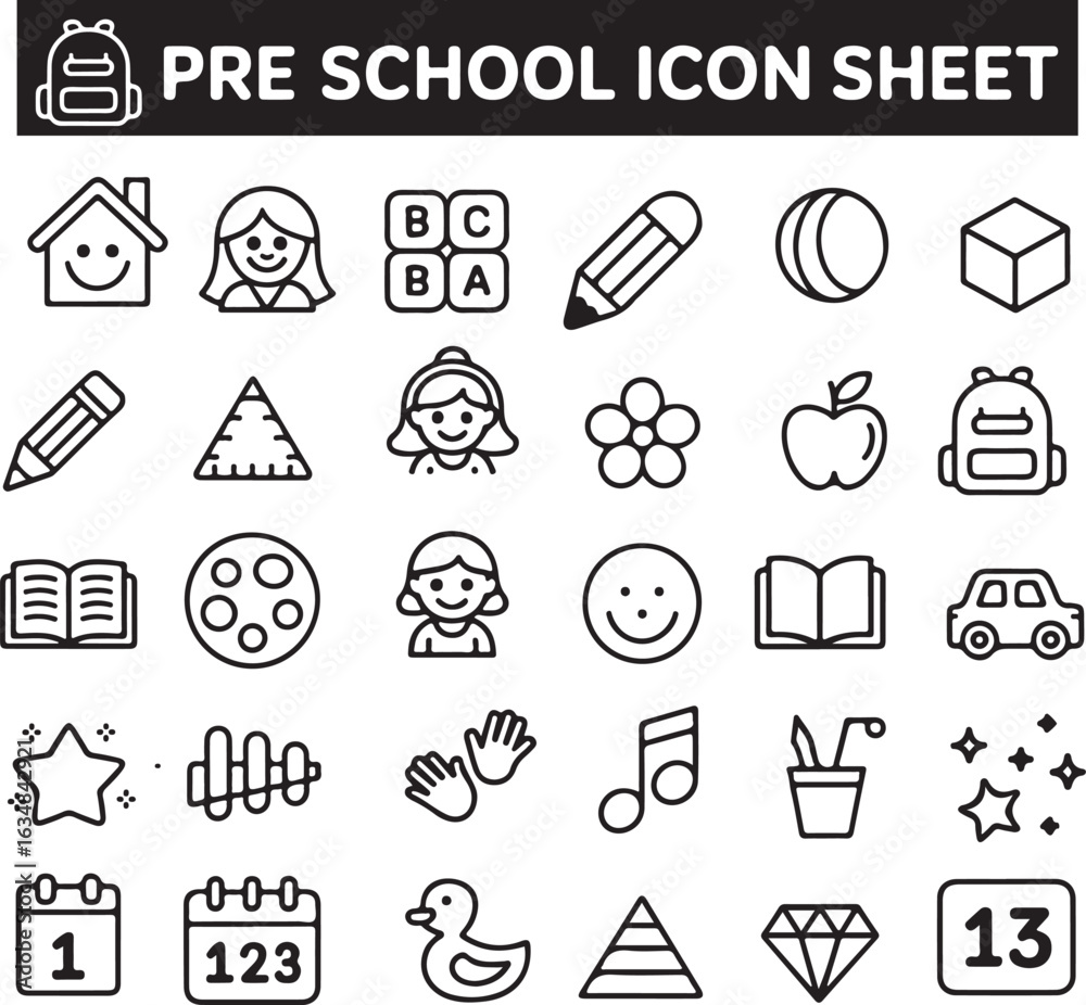 Fototapeta premium Whimsical Preschool Icon Set – Playful Hand-Drawn Vector Sheet for Kids and Education.