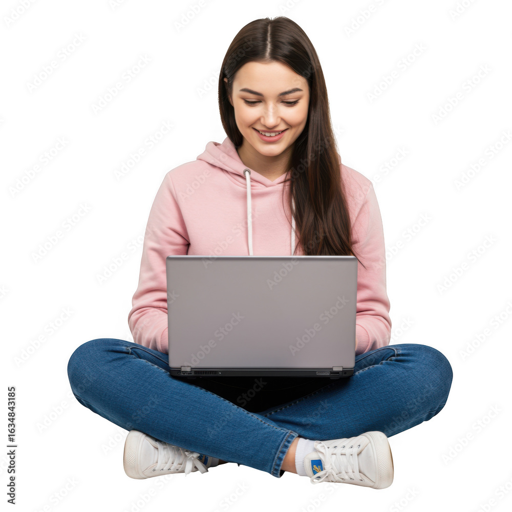 Naklejka premium Young woman smiling while typing on a laptop computer while sitting cross legged with a pink hoodie and jeans isolated on transparent background